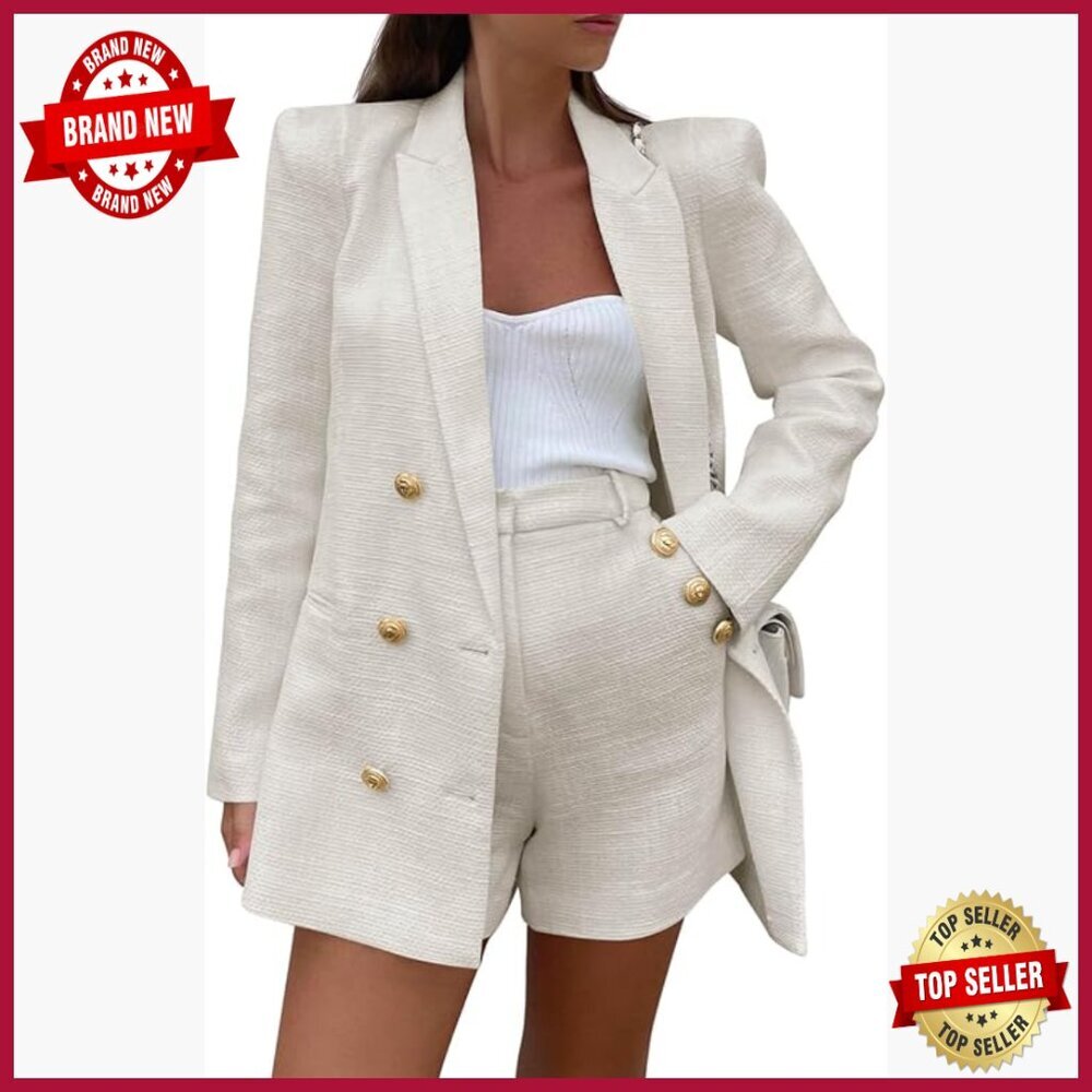 Tweed Blazer Shorts Set Long Sleeve Double Breasted Business Outfit